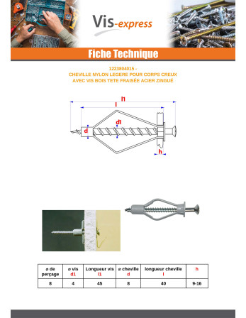 Cheville Nylon 8X40 Avec Vis bois Tête fraisée 4X45