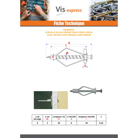 1 x Cheville Nylon 8X40 Avec Vis bois Tête fraisée 4X45