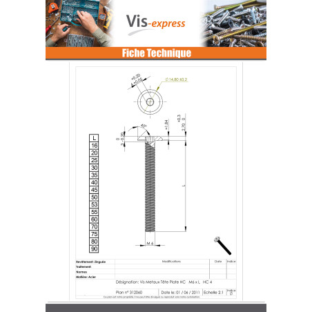 1 x Vis métaux tête plate Clé de 4 HC4 M6X60 Frein filet Acier laitonne