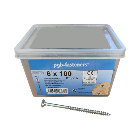 1 x Seau de 85 Vis bois agglo 6X100 Tête fraisée Pozi N°2 Acier zingué
