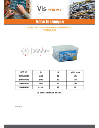 Seau de 85 Vis bois agglo 6X100 Tête fraisée Pozi N°2 Acier zingué