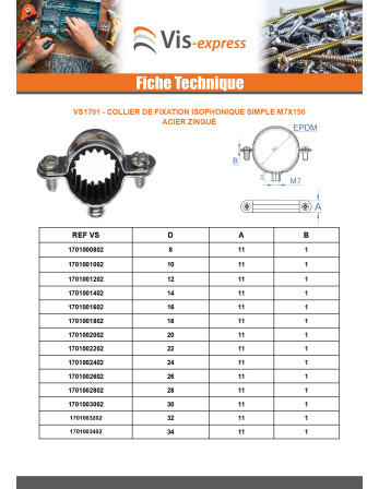 Collier de fixation isophonique simple M7X150 Diamètre 8 Acier zingué