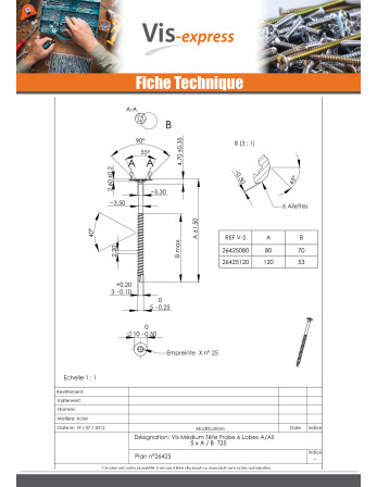 Vis Médium Tête fraisée Cranté TORX T25 5X80 Filetée sur 53 Acier zingué