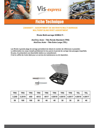Assortiment de 500 Rivet aveugle multiserrage GOMULTI Aluminium Tige acier DEGOMETAL