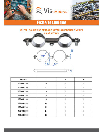 Collier de serrage métallique double M7X150 Diamètre 20 Acier zingué