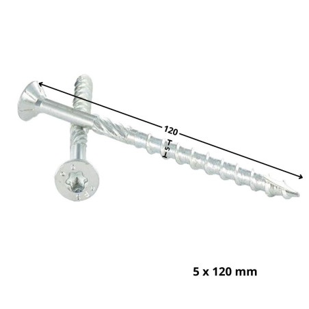 1 x Vis charpente TEKOR Tête fraisée Cranté TORX T25 5X120 Filetée sur 70 Pointe antifendage type 17 Acier zingué