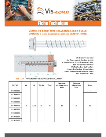 Vis béton Tête hexagonale TH Embase collerette TORX T10 6X80 Acier zingué