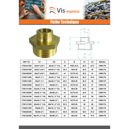 1 x Mamelon réduit figure 245 Mâle / Mâle 12x17 (3/8') X 15x21 (1/2") Laiton chrome