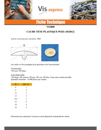 Cache tête de vis Polyéthylène Pozi N°2 Diamètre de tête: 9 RAL3020