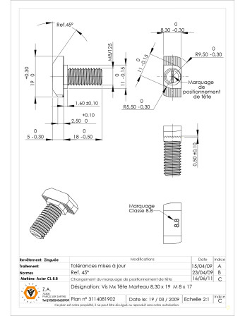 Vis métaux Tête marteau M8/17 8.3X19 Classe 8.8 Acier zingué