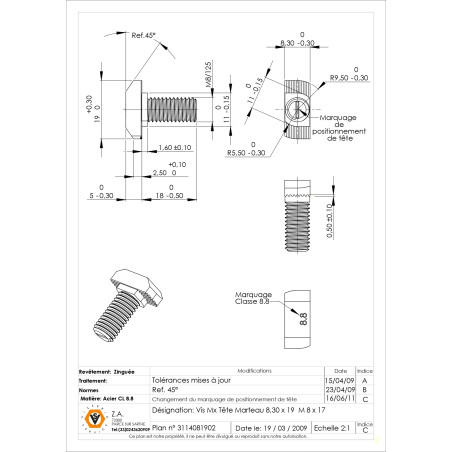 1 x Vis métaux Tête marteau M8/17 8.3X19 Classe 8.8 Acier zingué