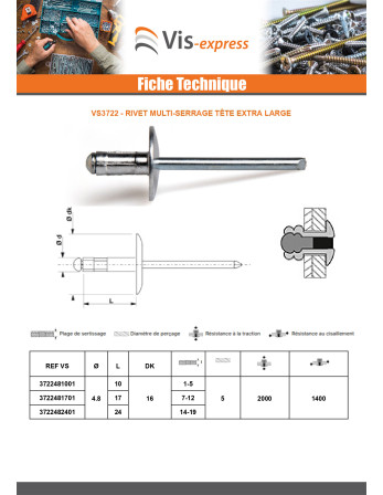Rivet aveugle multiserrage GOMULTI Aluminium Tige acier 4.8X10 Tête extra large TEL