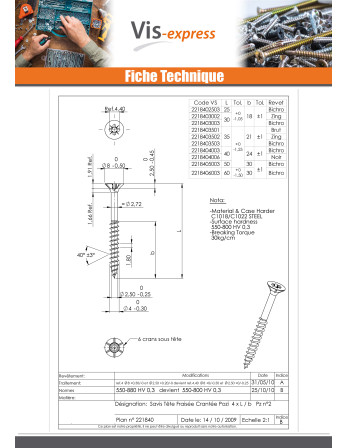 VBA Vis bois agglo Tête fraisée Pozi 4X25 Filetée sur 18 Cranté Bichromaté