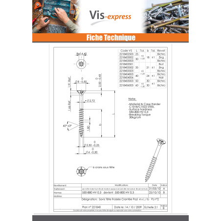 1 x VBA Vis bois agglo Tête fraisée Pozi 4X25 Filetée sur 18 Cranté Bichromaté