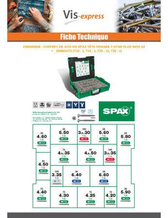Assortiment de 1070 Spax Tête fraisée T-STAR PLUS Inox A2