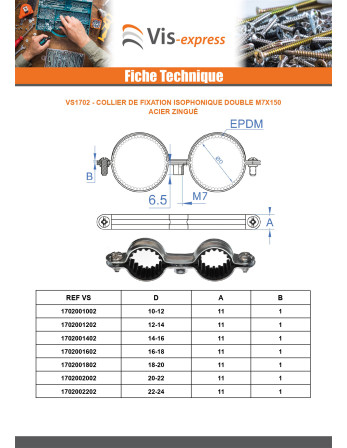 Collier de fixation isophonique double M7X150 Diamètre 14 Acier zingué