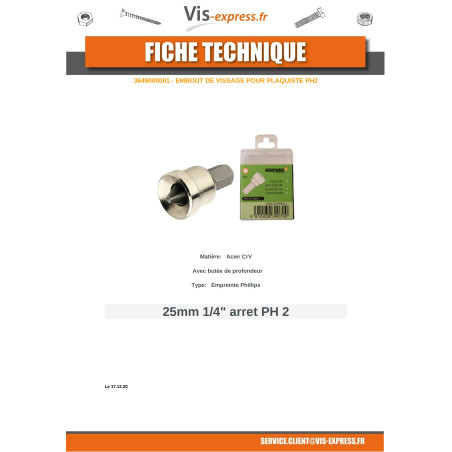 1 x Boite de 2 Embout VISSAGE PLAQUISTE Phillips n° 2 LG25