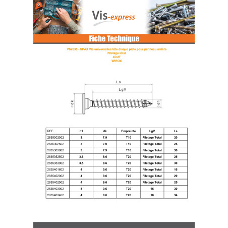 1 x Spax Vis bois Tête plate 4X16 Filetage total TORX T20 4CUT WIROX