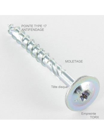 VBA Vis bois agglo Tête disque TORX T40 10X100 Acier zingué