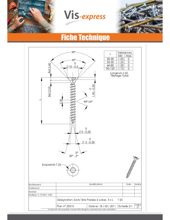 VBA Vis bois agglo Tête fraisée TORX T25 5X50 Acier zingué