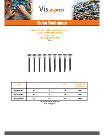 Bande de 50 Vis pour plaque de plâtre Spax GIX-D 3.5X25 Acier phosphate