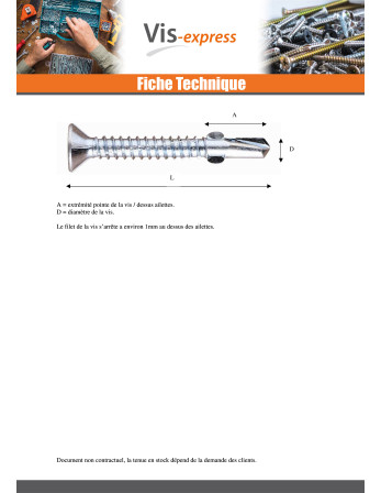 Vis autoperceuse Tête fraisée TORX T30 5.5X45 Crantée et ailettes Acier zingué