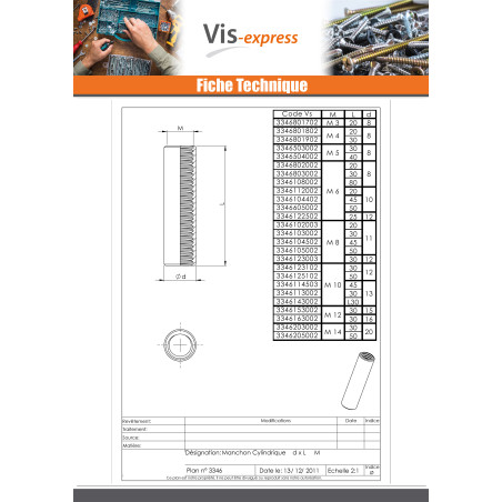 1 x Manchon Cylindrique M6X30 Diamètre Extèrieur 8 Acier zingué