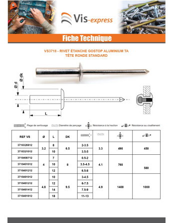 Rivet Etanche GOSTOP Aluminium TA TRS 4.8X18