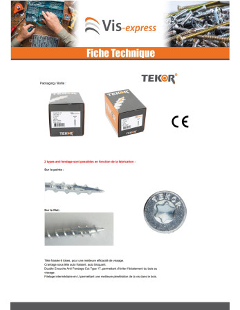 Vis bois TEKOR Tête fraisée Cranté 3.5X16 TORX T15 Acier zingué Filetage total Pointe antifendage type 17