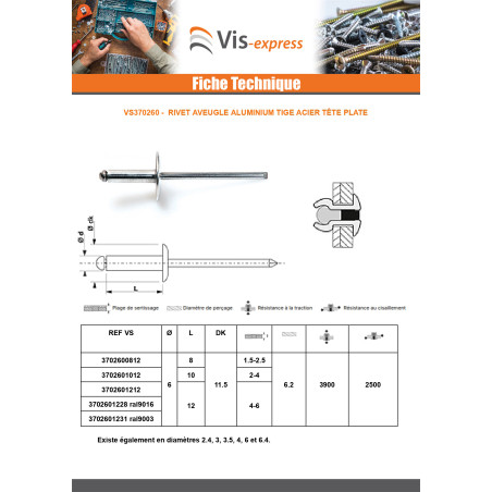1 x Rivet aveugle Aluminium Tige acier 6X16 Epaisseur de serrage 8 à 10 Tête Ronde Standard ALX