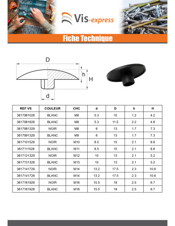Cache tête de vis CHC BTR M8 Diamètre de tête: 10 Blanc