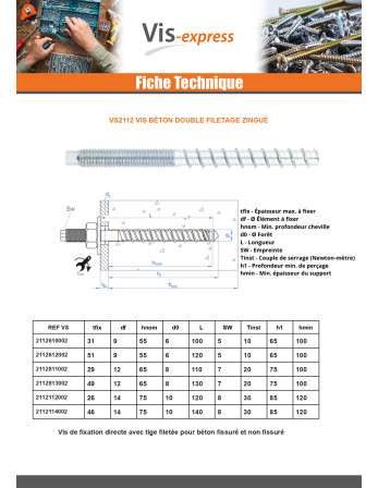 Vis béton Double Filetage TORX T5 6X120 M8 Acier zingué