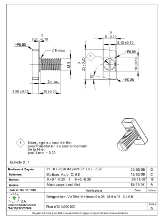 Vis métaux Tête marteau M8/15 9X25 Classe 6.8 Acier zingué