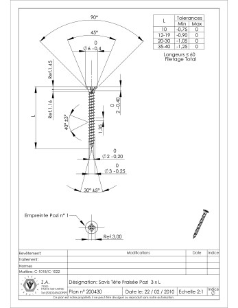 VBA Vis bois agglo Tête fraisée Pozi N°1 3X16 Filetage total Acier nickelé microvis