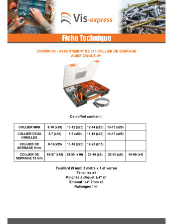 Assortiment de 345 Collier De Serrage Acier zingué W1