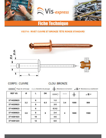 Rivet TRS cuivre tige bronze 3.8X12