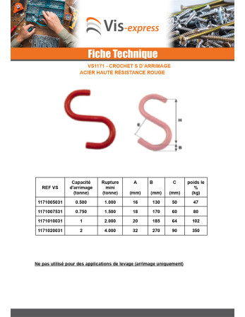 Crochet S d'arrimage 500KG acier rouge