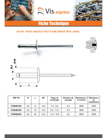 Rivet aveugle tout acier ZING 4.8X16 Epaisseur de serrage 9 à 11 Tête large