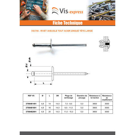 1 x Rivet aveugle tout acier ZING 4.8X16 Epaisseur de serrage 9 à 11 Tête large