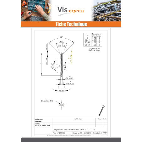1 x VBA Vis bois agglo Tête fraisée TORX T10 3X20 Acier zingué microvis