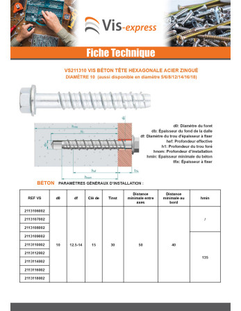 Vis béton Tête hexagonale TH Embase collerette TORX T15 10X70 Acier zingué