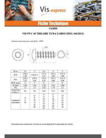 Vis pvc TRILOBE Tête cylindrique bombée TCB TORX T15 4X16 Filet 45 Acier zingué