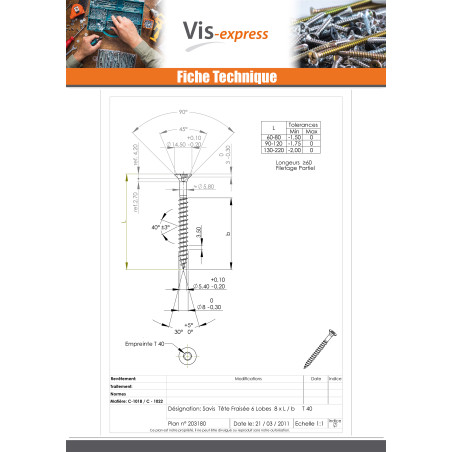 1 x VBA Vis bois agglo Tête fraisée TORX T40 8X80 Filetée sur 60 Acier zingué