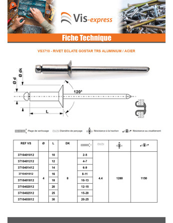 Rivet aveugle éclate GOSTAR Aluminium Tige acier Tête Ronde Standard 4X20 Bleu