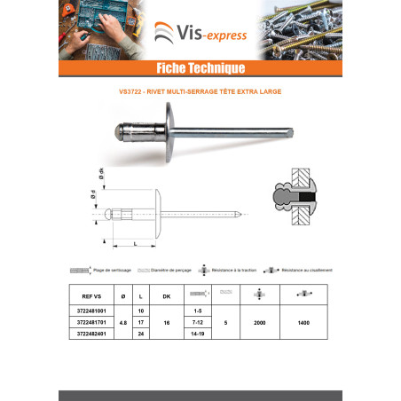 1 x Rivet aveugle multiserrage GOMULTI Aluminium Tige acier 4.8X17 Tête extra large TEL