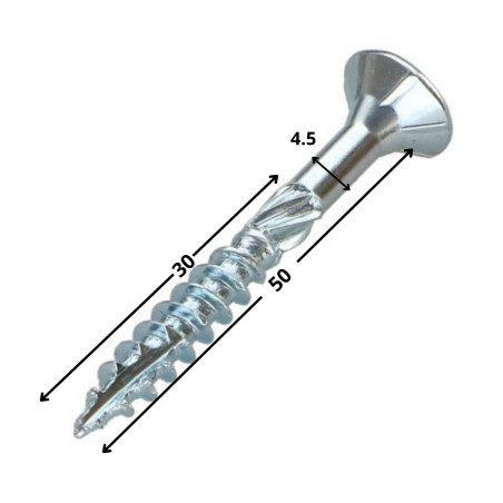 1 x Vis charpente TEKOR Tête fraisée Cranté TORX T25 4.5X50 Filetée sur 30 Pointe antifendage type 17 Acier zingué
