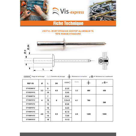 1 x Rivet Etanche GOSTOP Aluminium TA TRS 4X7