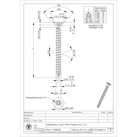 1 x VBA Vis bois agglo Tête fraisée Pozi N°3 6X35 Filetage total Acier zingué