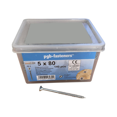 1 x Seau de 140 Vis bois agglo 5X80 Tête fraisée Pozi N°2 Acier zingué