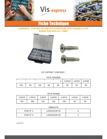 Assortiment de 1540 Vis autoperceuse Tête fraisée Tête ronde TR Pozi Inox A2 Embout